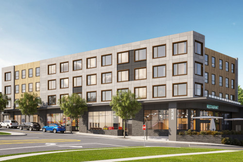 333 bryant plaza luxury apartments corner exterior restaurant